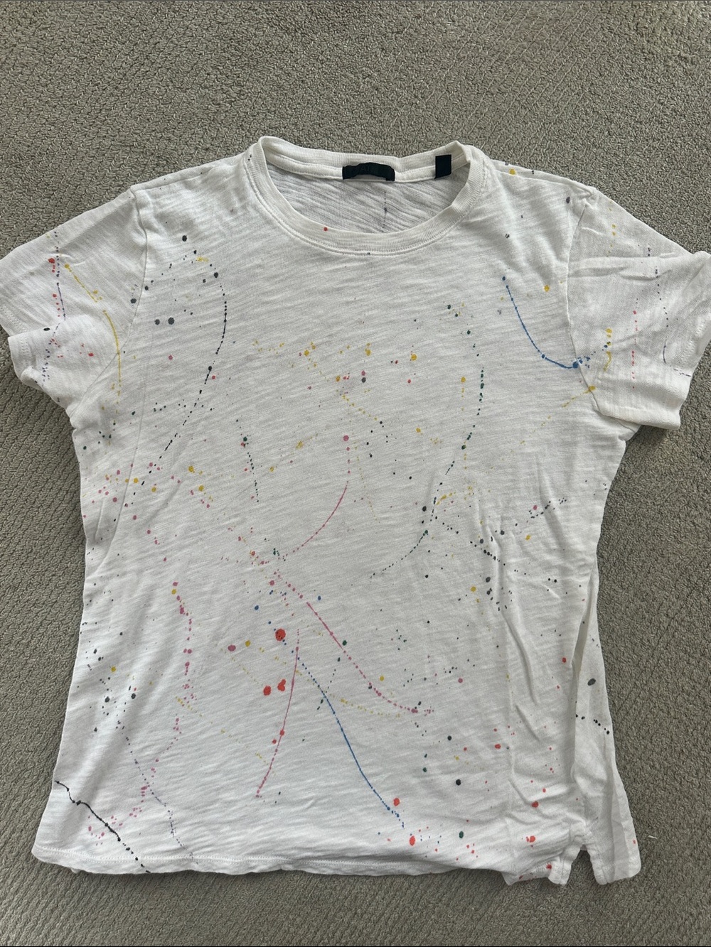 ATM Anthony Thomas Melillo White Crewneck Tee with Multicolor Paint Splatter